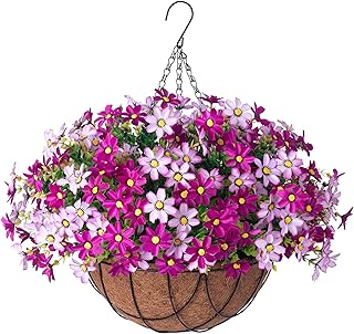 INXUGAO Artificial Flowers with Hanging Planter for Outdoor Decor, Faux Silk Daisy UV Resistant Plants in Basket for Indoo...