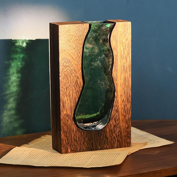 Wood and Glass Inlay Vases Farmhouse Wooden Glass Flower Vase Solid Wood Glass Vase Home Decor Vases for Centerpiece (9.45...