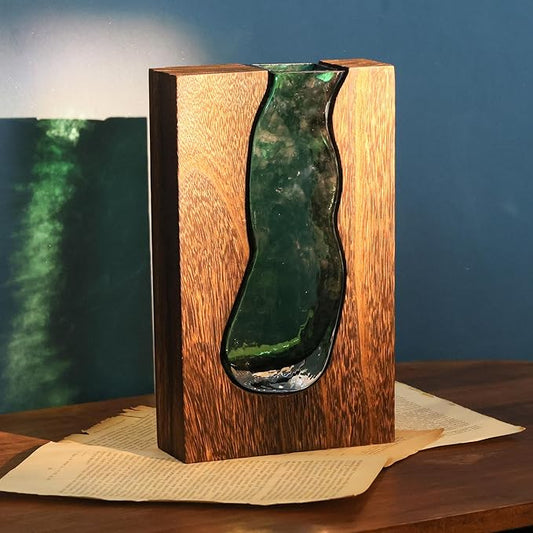 Wood and Glass Inlay Vases Farmhouse Wooden Glass Flower Vase Solid Wood Glass Vase Home Decor Vases for Centerpiece (9.45...