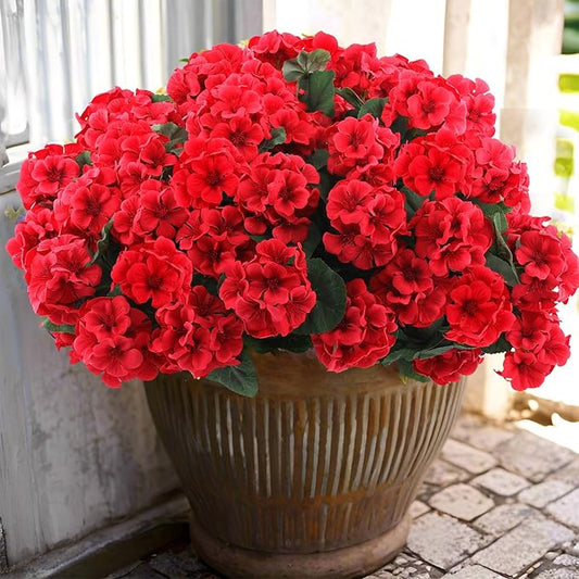 Hananona 6 Pcs Artificial Geranium Flowers for Outdoors Geranium Silk Red Flower Outdoor UV Resistant Garden Plants Faux F...