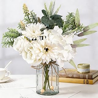 JARELING Silk Flowers with Vase, Artificial Flowers Arrangement with Glass Vase Faux Rose Daisy Hydrangea for Decoration T...