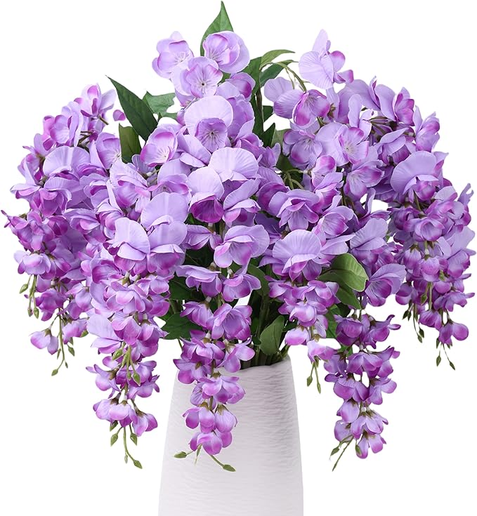 HyeFlora Artificial Hanging Flowers Spring Fake Flower for Vase, 2Pcs Light Purple Silk Wisteria UV & Fading Resistant Fau...