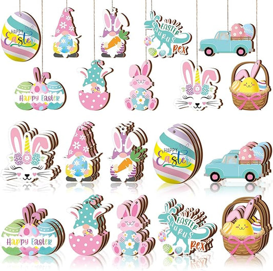 Chunful 30 Pcs Easter Ornaments for Tree Happy Easter Wooden Hanging Ornaments Pastel Spring Egg Carrot Bunny Basket Tree ...