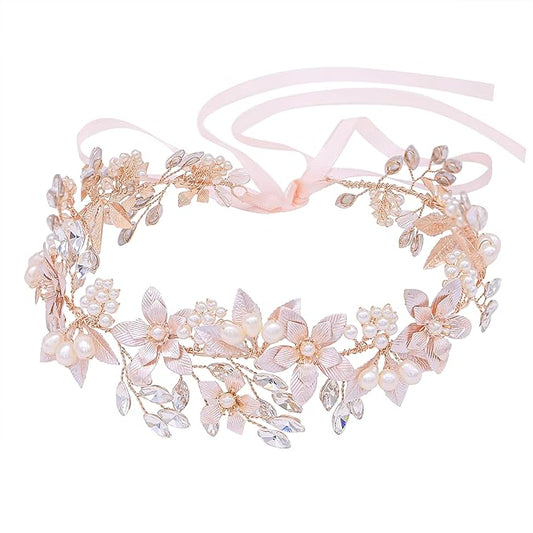 Oriamour Wedding Headband Bridal Headpiece Flower Design With Genuine Freshwater Pearls And Ribbons Hair Accessories For B...