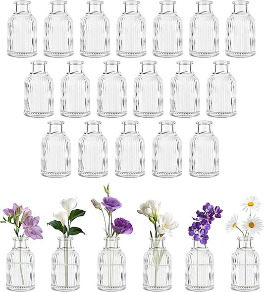 Glass Bud Vases Set of 24, Small Flower Vase in Bulk, Clear Mini Ribbed VaseS for Centerpieces, Modern Wedding Reception T...