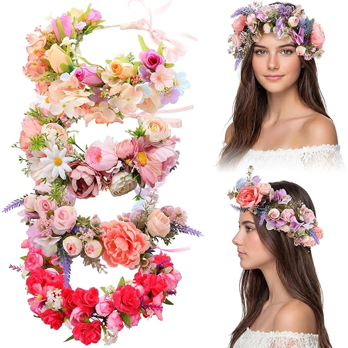 Hoteam 4 Pcs Fairy Flower Crowns for Women Floral Headbands Adjustable Wedding Fairy Floral Crowns for Women Renaissance W...