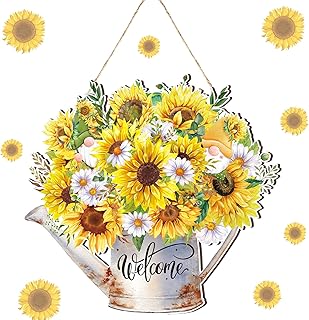 Queekay Sunflower Wreaths for Front Door Christmas Sign Wooden Welcome Door Hanger Sign Sunflower Decorations 11.8 x 11.8 ...