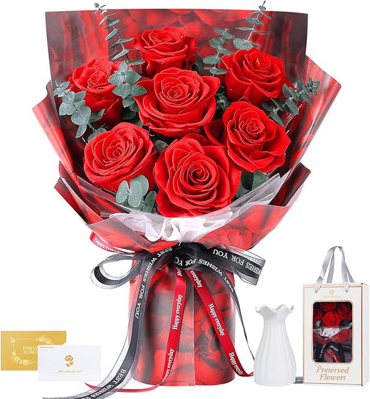 Preserved Flowers Bouquet 7 Roses - Red Real Rose & Flowers for Delivery, Eternal Roses Bouquet with Gift Box, Anniversary...
