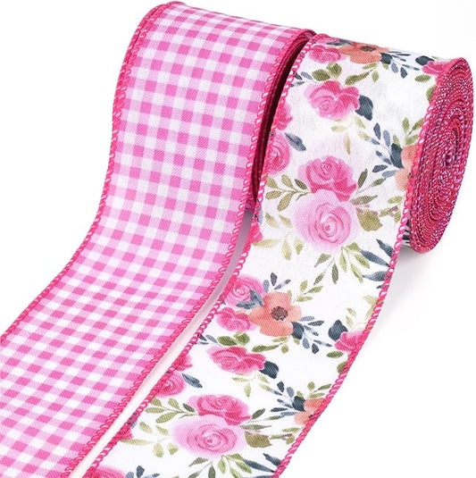 LaRibbons Floral Ribbon Wired 2 Rolls 2.5 Inch x 12 Yards TTL, Flower Pink and White Plaid Spring Summer Ribbon with Rose ...