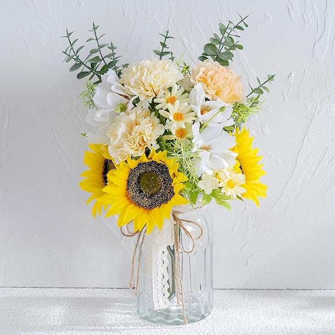 LUEUR Fake Flowers Artificial Sunflowers with Vase, Faux Silk Carnation,Daisy Flowers for Home Office Decorations, Kitchen...