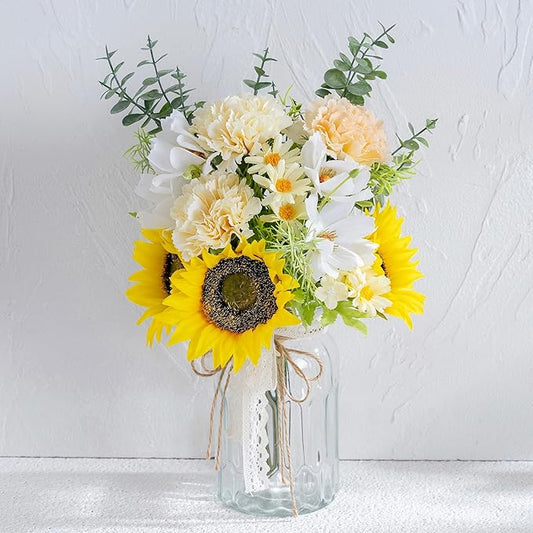 LUEUR Fake Flowers Artificial Sunflowers with Vase, Faux Silk Carnation,Daisy Flowers for Home Office Decorations, Kitchen...