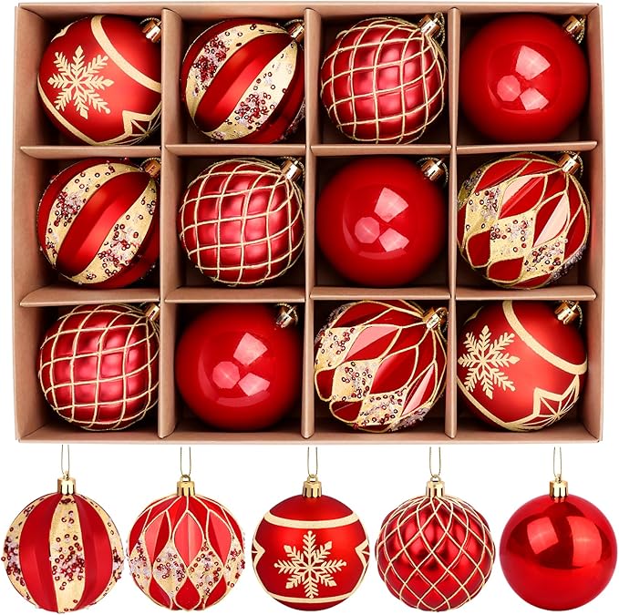 EveryMerry 12-Pack 3.1 Inch Christmas Ornaments Set - Red & Gold Ornament Balls with 5 Various Designs, Decorations with S...