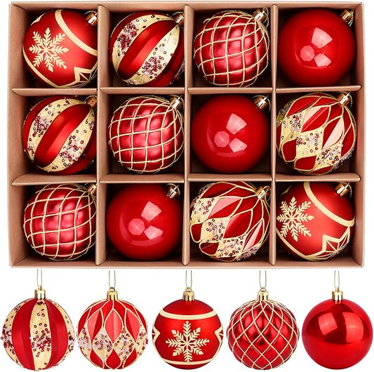 EveryMerry 12-Pack 3.1 Inch Christmas Ornaments Set - Red & Gold Ornament Balls with 5 Various Designs, Decorations with S...