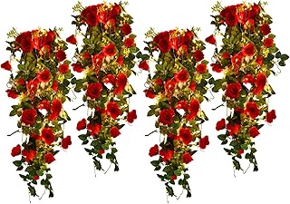 RECUTMS Hanging Rose Flowers Artificial Vines for Outdoors with 30 LED Fairy String Lights Indoor Home Garden Wall Wedding...