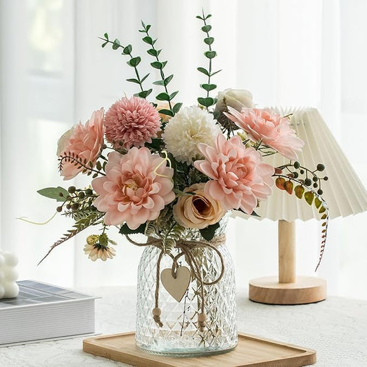 Aubcee Fake Flowers with Vase,Faux Flowers in Vase for Home Decor,Silk Pink Dahlia Artificial Flowers with Vase for Coffee...