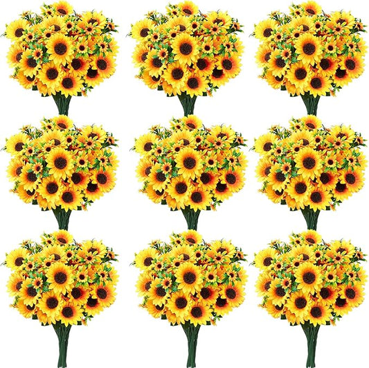 Ovveroche 9 Pack Artificial Silk Sunflowers Bouquet Fake Yellow Flowers Floral Arrangements for Wedding Home Decor Centerp...