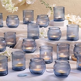 NITIME 24pcs Assorted Blue Votive Candle Holders for Wedding Decorations, Ribbed Tea Lights Candle Holder Glass, Blue Cand...