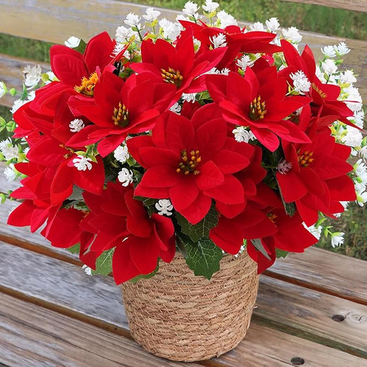 MATBAR Christmas Artificial Flowers for Outdoors Red Poinsettia Flowers Artificial 12 Bundles Mixed UV Resistant Faux Flow...