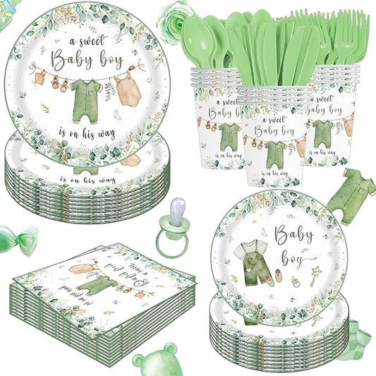 140PCS Greenery Gender Reveal Baby Shower Plates and Napkins Supplies, Boho Greency Party Decorations Tableware Set Desser...