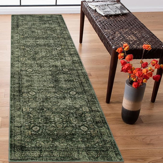 Morebes Washable Dark Green Runner Rug 2x8, Vintage Boho Runners for Hallways Non Slip, Soft Floral Indoor Floor Throw Car...
