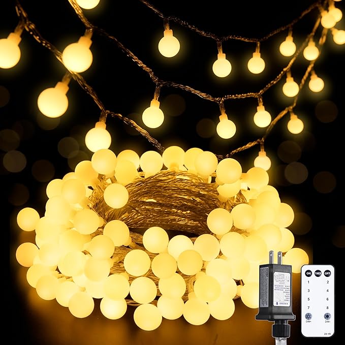 JMEXSUSS 100 LED Connectable Globe String Lights Indoor Bedroom, 33ft Warm White Christmas Lights Plug in with Remote, 8 M...