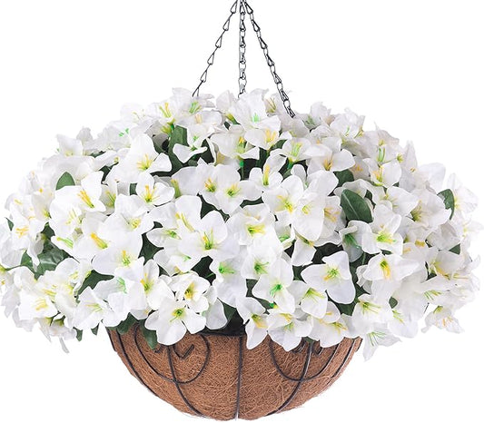 Artificial Hanging Flowers Faux Plants Basket for Outdoors Spring Summer Decor, Fake Silk Bougainvillea in Planter Outdoor...