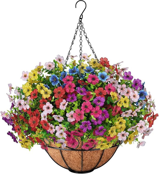 Ouddy Decor Artificial Hanging Flowers with Basket, Fake Hanging Plants with Faux Silk Flowers UV Resistant for Outdoors I...