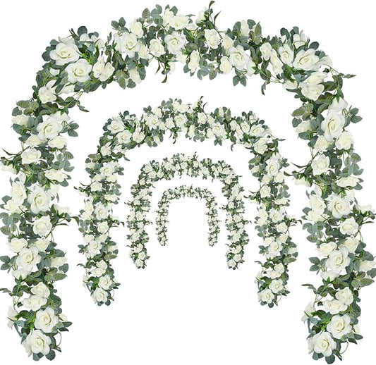 Bacucine Flower Garland Rose Vine 4Pcs 28FT Artificial Floral Garland with Green Leaves Hanging Rose Vine for Wedding Part...