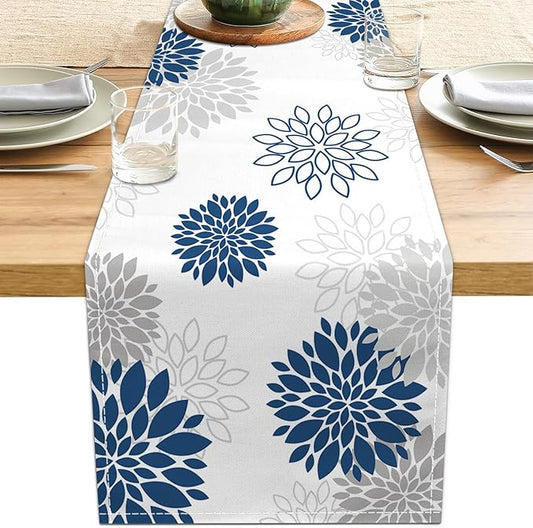 Dahlia Flower Table Runner 13x71 Inch Farmhouse Blue Gray Runners Modern Table Decorations Rustic Geometric Coffee Table R...