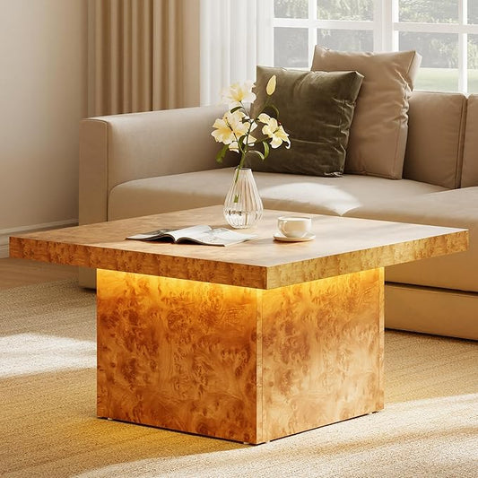 YITAHOME Coffee Table Square LED Coffee Table, Burl Wood Grain Tea Coffee Tables for Living Room/Apartment, Modern Wooden ...