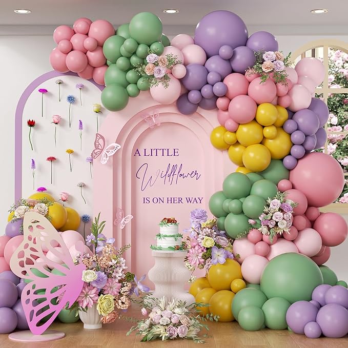 131pcs Wildflower Floral Balloon Arch Garland Kit with Purple Dusty Pink Sage Green Light Pink Mustard Yellow Latex Balloo...