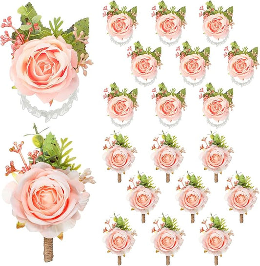 Sherr 20 Pcs Rose Wrist Corsage and Boutonniere Set Flower Wrist Corsage Wristlet Band Bracelet Bridegroom Men's Boutonnie...