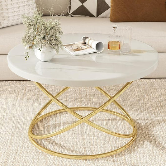 BECHAEO Round Coffee Table for Living Room, 31.5" Exquisite Faux Marble Tabletop Coffee Tables with Golden Frame, Modern C...