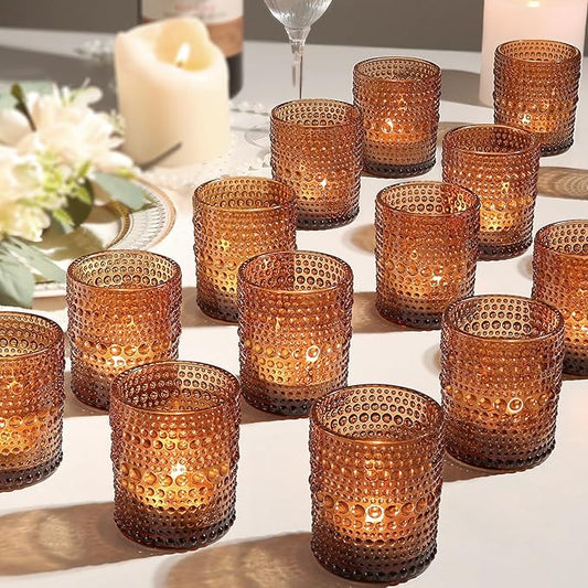 24pcs Amber Votive Candle Holders for Table, 2x2.5in Vintage Glass Small Tea Light Candles Holders for Home Decor, Tealigh...