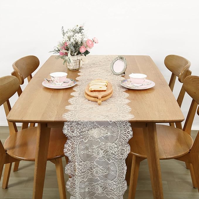 2 Pack Ivory Lace Table Runners 14x120 inch Rectangular Wedding Table Runner Chic Embroidered Chic Table Cloths for Weddin...