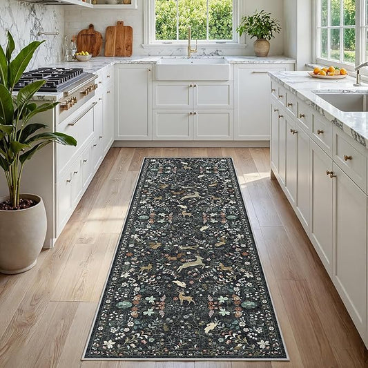 Runner Rug Washable Runners Kitchen Rugs Non Slip Neutral Floral Carpet Low Pile for Indoor Hallways Entryway Living Room ...