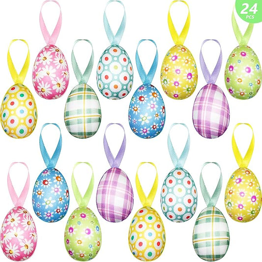 24 PCS Easter Eggs Hanging Ornaments, Buffalo Plaid Dots Easter Hanging Eggs Decorations, Colorful Decorative Baubles Orna...