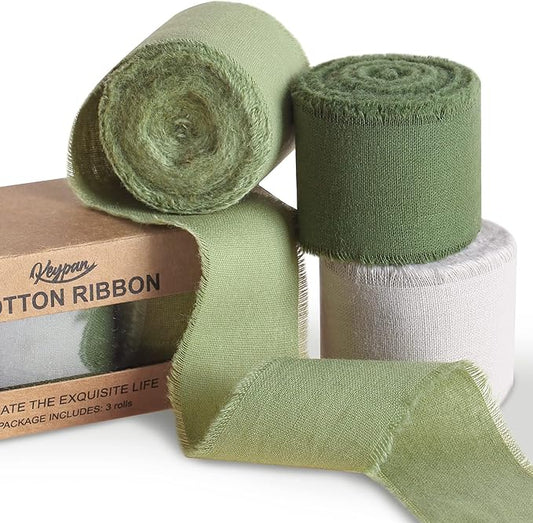 Keypan Green Ribbon 1-1/2 x 15 Yards Handmade Cotton Frayed Fringe Fabric Ribbons for Crafts Flower Bouquets Wedding Baby ...