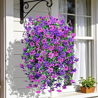 INQCMY Artificial Hanging Flowers Decoration, 4pcs Fake Floral Basket Plants for Outdoor Porch, Faux Shrubs Home Spring De...