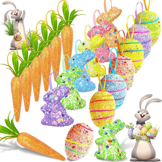 18 Pack Easter Egg Ornaments and Carrot Hanging Ornaments Colorful Foam Egg Bunny Carrots Ornaments Glitter Artificial for...