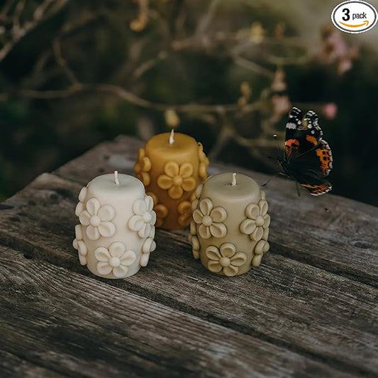 Lyrow 3 Pcs Daisy Flower Candles 3.15 x 1.97 Inches Boho Pillar Floral Candles Neutral Spring Candle Set for Spring Weddin...