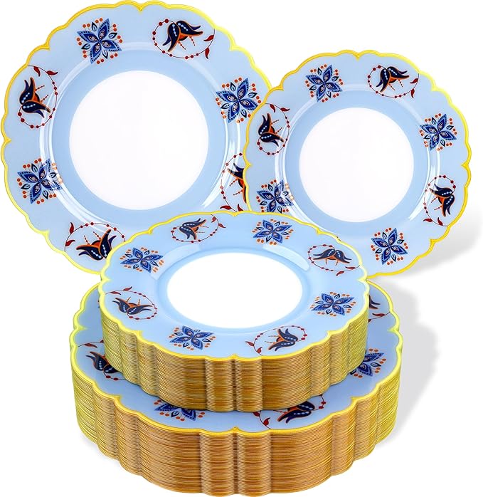 Morejoy 60Pcs Plastic Disposable Plates Set - Blue Plastic Plates Featuring Blue & Orange Floral Design With Gradient Gold...