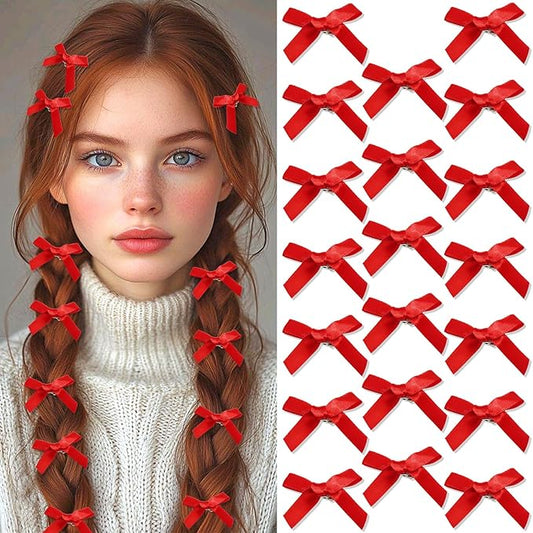 SAWINDA 20PCS Red Mini Hair Bows Small Bow Hair Clips Cute Bowknot Silk Ribbons for Girls Valentines Sweet Bows for Hair N...