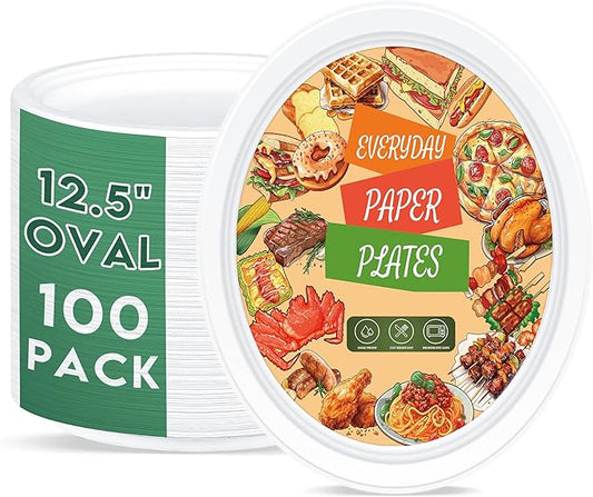 ZOES HOMEWARE 100% Compostable Oval Paper Plates 12 inch Bulk 100 Count, Heavy Duty Large Disposable Plates, Eco-Renewable...