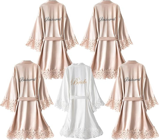 5 Pcs Bridesmaid Kimono Robe Sets Bride Silky Wedding Day Bathrobe with Lace Trim Embroidered Getting Ready