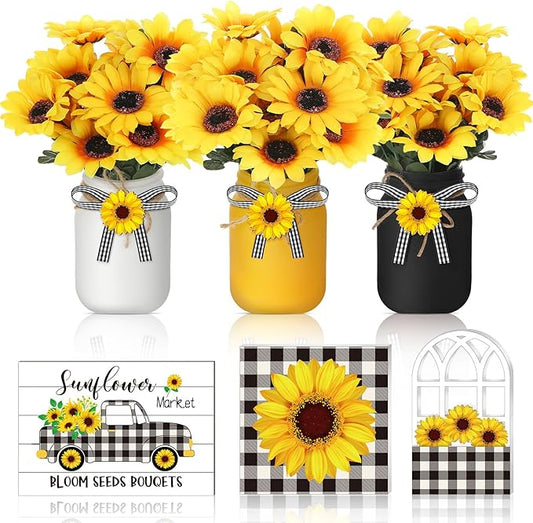 12 Sets Sunflower Mason Jar Centerpiece for Table Summer Sunflower Decor with Artificial Flowers Farmhouse Wooden Table Ce...