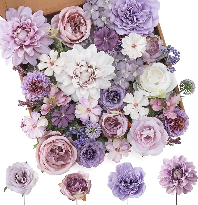 Floweroyal Artificial Flowers Combo Purple Flowers Mix Silk Flowers Dahlia Roses with Stems for DIY Wedding Bridal Bouquet...
