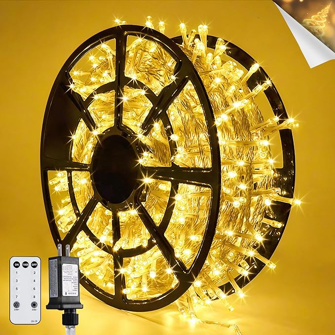 JMEXSUSS 168FT 600 LED Christmas Lights Outdoor Waterproof Clear Wire Indoor String Lights for Outside Warm White Christma...