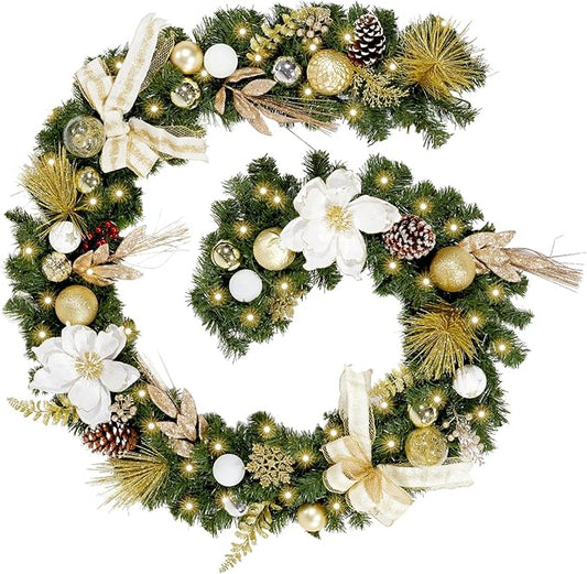 WBHome Pre-lit 9 Feet/108 Inch Christmas Garland, White & Gold Lighted Garland with 50 LED Lights for Indoor Outdoor Xmas ...