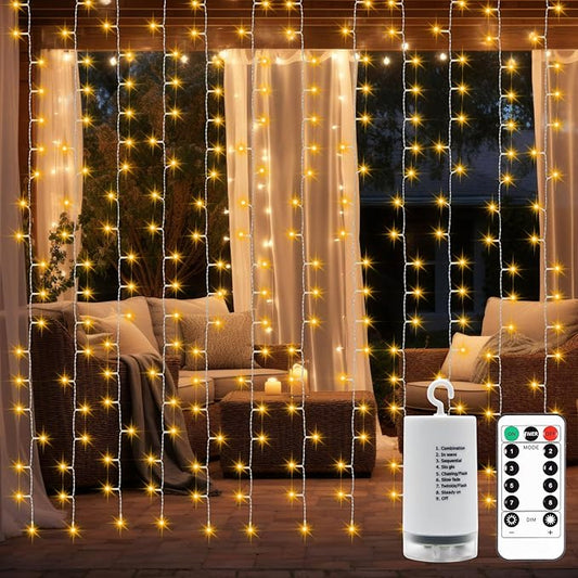 DealBeta Battery Operated Curtain Lights,9.8ft×9.8ft 300 LED Curtain Lights with Remote Timer 8 Modes, Waterproof Hanging ...